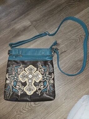 Teal and Brown Embroidered Crossbody Bag with Jeweled Cross Accent